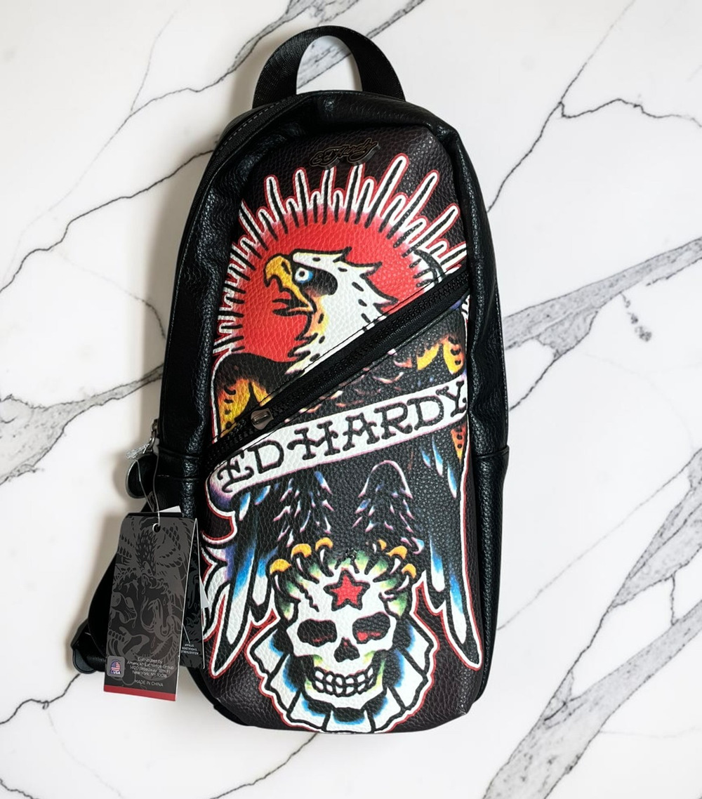 Ed Hardy Men’s Black Tattoo Eagle Skull Graphic Sling Crossbody Backpack Bag